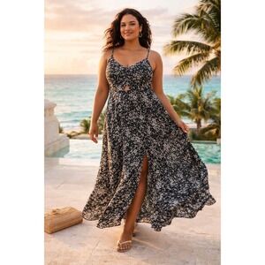 PAMPELONE Floral Cutout Open Back Rayon Maxi Dress Black White XL Feminine